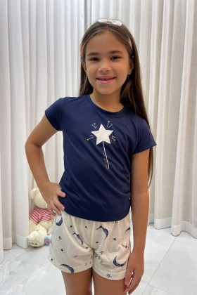 Pijama Infantil Manga Curta Azul Marinho